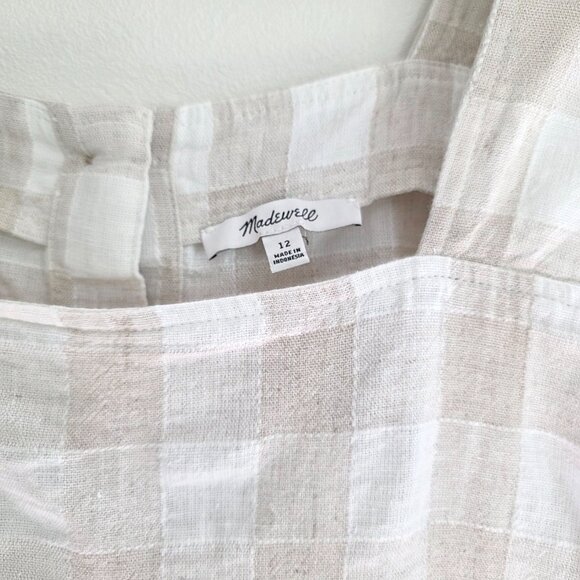 Madewell Gingham Linen Button Back Crop Top Undyed Natural Color Square Neckline - Picture 4 of 7